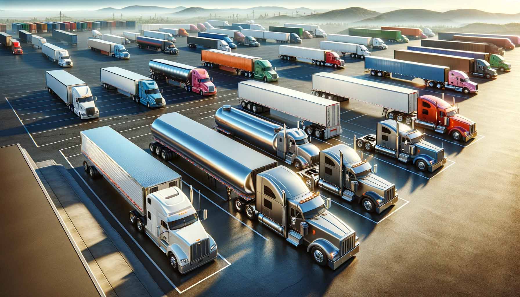 A realistic digital illustration of a variety of semi-truck trailers, showcasing different types like flatbed, reefer, tanker, lowboy, and double drop