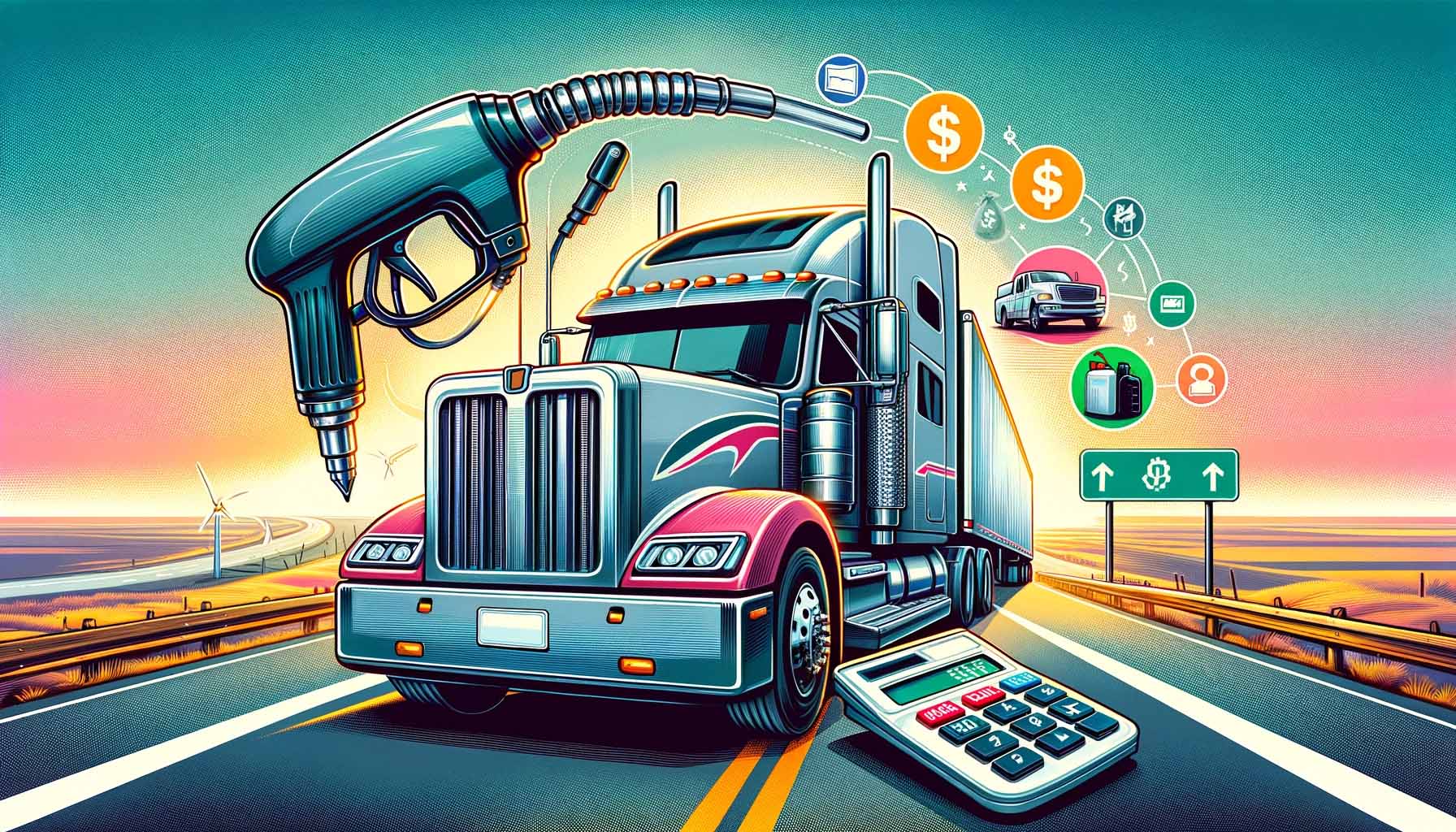 Illustration for a trucking industry article, featuring a semi-truck on a highway with a clear sky. The truck is prominent in the foreground, symboliz