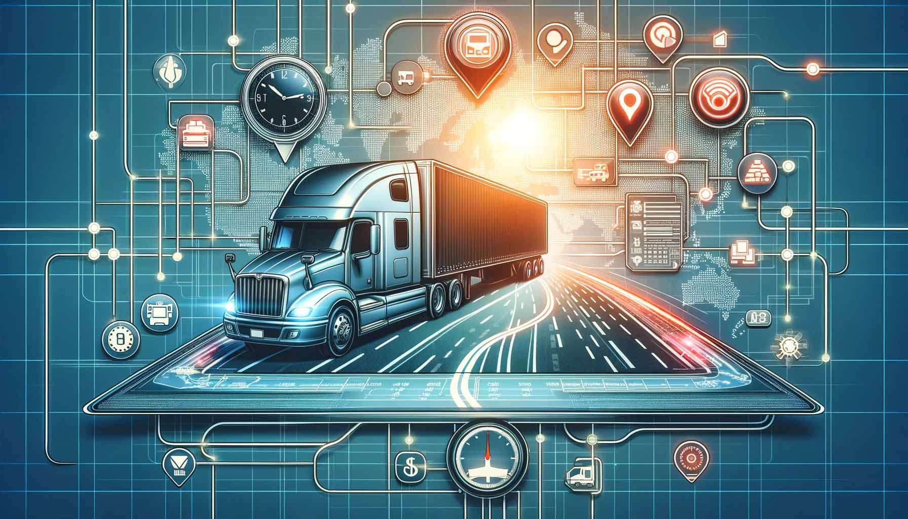 Title image for an article about truck routing software for small fleets and owner-operators. The image should depict a stylized digital map with vari