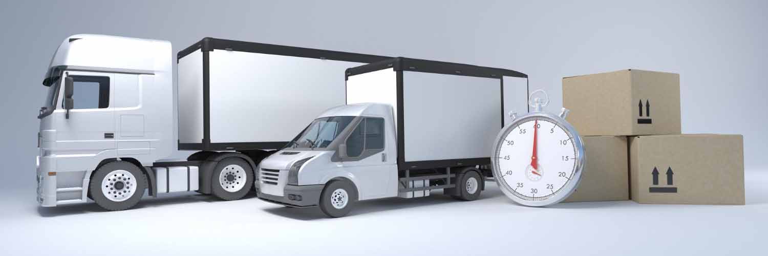 Two freight trucks and a large clock